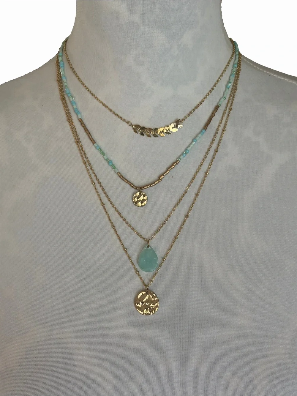 Layered Gold Necklace Set with Aqua Bead Accents